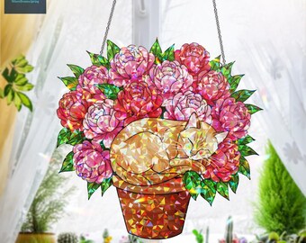 ピンクのバラの鉢に入った猫のアクリルホログラム窓吊り下げ、ホログラフィックサンキャッチャー装飾、レインボーライトオーナメント、美的部屋ギフト