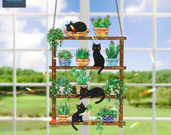猫と植物のアクリルホログラム窓飾り、ホログラフィックサンキャッチャー装飾、レインボーライトプリズムチャーム、猫好きへのギフト