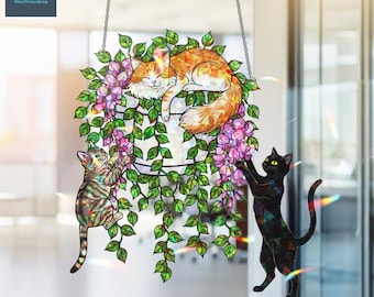 花柄猫サンキャッチャー窓飾り - 緑の葉っぱと可愛い猫ちゃん、レインボーサンキャッチャー、猫好きさんのためのインテリア