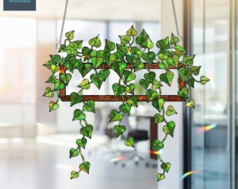 吊り下げアイビープラントホログラムウィンドウハンギング、グリーンリーサンキャッチャー、レインボーライトキャッチャー、ボタニカルウィンドウデコレーションギフト