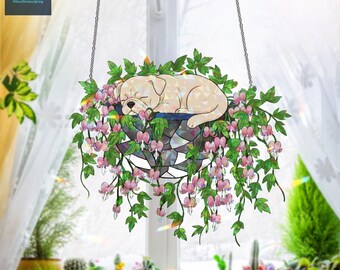 ホログラフィックアクリル製ブルドッグの窓飾り、ピンクの花輪、レインボーサンライトキャッチャー、窓吊り下げサンキャッチャー、犬好きの方へのギフト