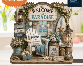 Personalized Beach Cottage Wooden Block Sign, Custom Coastal Decor Shelf Sitter