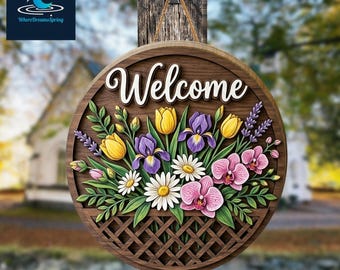 Spring Welcome Door Hanger, Spring Greenery Welcome Sign, Floral Décor ...
