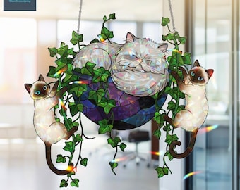 トリプルキャッツ アクリル ホログラム ウィンドウチャーム、パープル フローラル バスケット、ホログラフィック レインボー サンキャッチャー