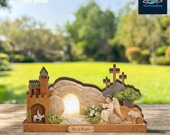 Houten paastafereel He Is Risen, 3D-tafeldecor Resurrection Story
