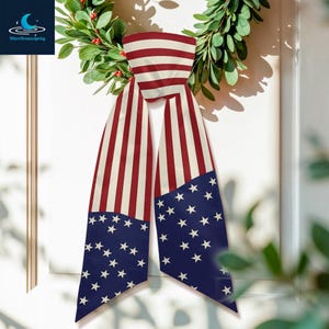 Ghirlanda con bandiera americana, fiocco patriottico da appendere alla porta, decorazione con stelle e strisce rosse, bianche e blu. immagine 4