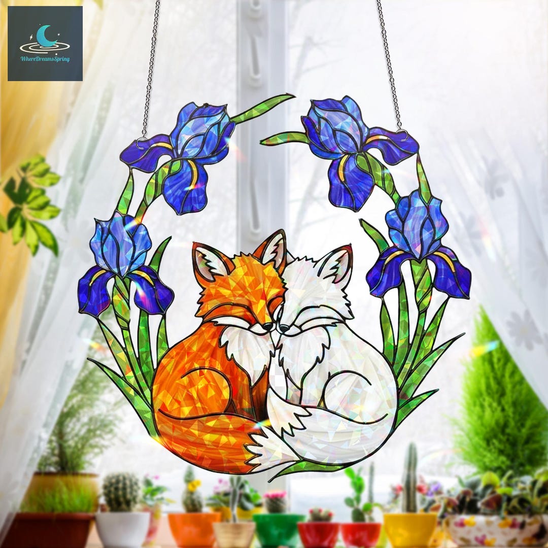 Window Drawing Fox Fox Couple Suncatcher Window Hanging, Love Foxes With Iris Flowers ...
