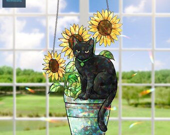 黒猫ひまわりホログラム窓吊り下げ、ホログラフィック猫サンキャッチャー、花柄窓装飾、猫好きへのギフト