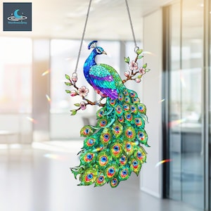 Peacock-hologram acrylraam hangend, pauw kleurrijke vogel bloemendecor, cadeau voor dierenliefhebbers in het wild