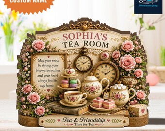 Personalized Floral Tea Room Wooden Sign, Custom Name Tea Party Decor