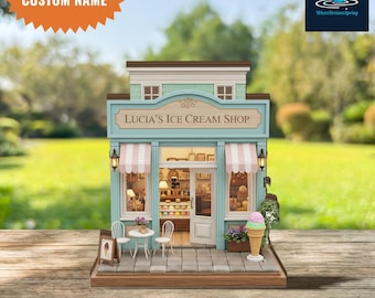 Aangepast bord ijswinkel, gepersonaliseerd houten miniatuur storefront