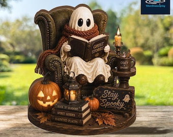 Cozy Ghost Reading Halloween Decor, Spooky Book Lover Shelf Sitter
