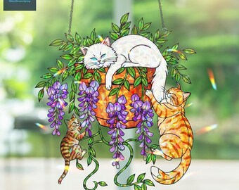 猫の家族アクリルホログラム窓飾り - 藤の花と猫のサンキャッチャー、藤の花と猫の家族、猫ママへのギフト