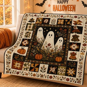 May include: A rectangular quilt featuring a central panel with three white ghosts surrounded by orange pumpkins and autumn flowers on a black background, framed by a border of smaller squares with star, floral, and pumpkin patterns in fall colors.