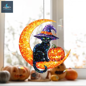 Halloween Black Cat and Pumpkin On The Moon Acrylic Window Hanging, Black Cat Hologram, Halloween Home Decor, Halloween Gift
