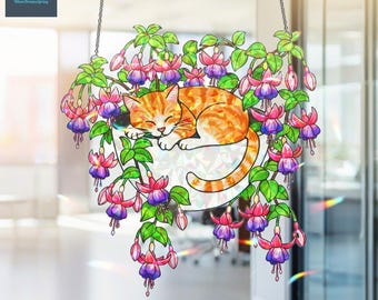 眠っている猫のサンキャッチャー、月の猫の窓掛け、花柄の猫のサンキャッチャー、猫好きの方へのギフト、室内装飾