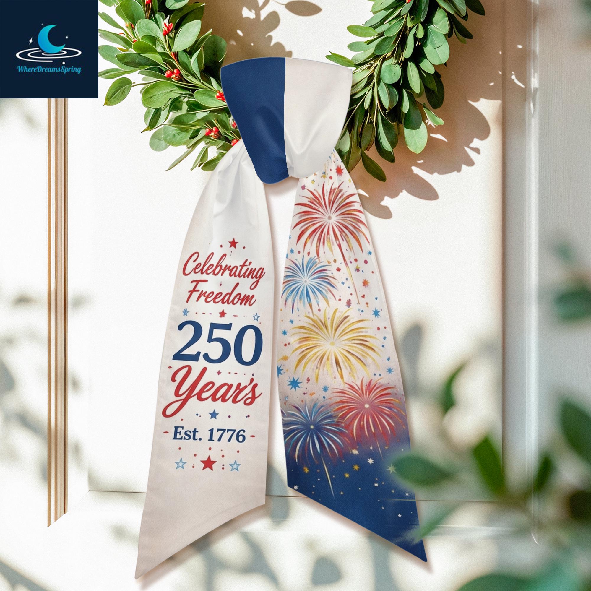Discover Patriotic 250 Year Celebration Wreath Sash, Fireworks Door Bow Decor, 1776 Anniversary Ribbon, Red White Blue Front Door Decor