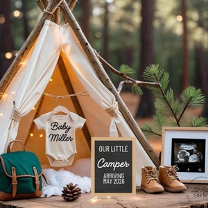 Pregnancy Announcement Template Baby Announcement, Digital Pregnancy Announcement Instant Editable Download, Camping Family Announcement