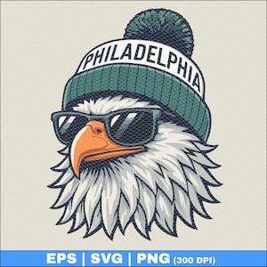 May include: Illustration of an eagle wearing a teal beanie with "PHILADELPHIA" printed on it, and black sunglasses. The eagle has white feathers, an orange beak, and is set against a light beige background.