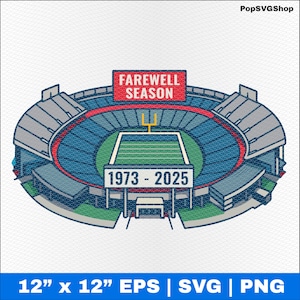 Può includere: Illustrazione vettoriale di uno stadio di football con la scritta "FAREWELL SEASON" sopra il campo e "1973 - 2025" sotto. Lo stadio è blu, grigio e rosso, con un campo verde e pali gialli. L'immagine misura 30,48 cm x 30,48 cm.