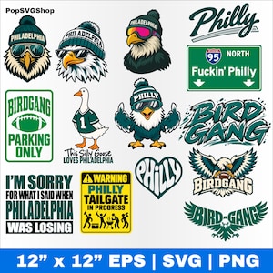 Pode incluir: Uma coleção de designs gráficos digitais com o tema Filadélfia, incluindo águias com gorros, um ganso, sinais de trânsito com os dizeres 'Fuckin' Philly' e 'Philly Tailgate', e slogans como 'Bird Gang' e 'I'm Sorry For What I Said'.