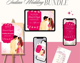 Exclusive Pink Indian Wedding Bundle | Editable Invitation & Program Card | Customizable Digital Wedding Set | Instant Download