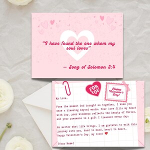 Roze christelijke Valentijnsdagkaart met bijbelvers (voor- en achterkant) - bewerkbare digitale sjabloon