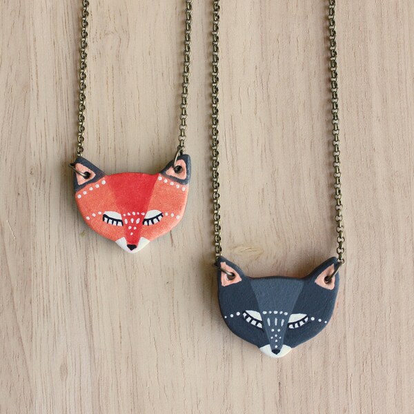 REVERSIBLE Fox Halskette-Steingut Keramik Fox Totem Halskette