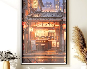 May include: A framed print of an anime-style illustration of a Japanese street scene at dusk. The artwork depicts a restaurant with lanterns, signage, and a menu board. Buildings and city lights are visible in the background, with a warm color palette.