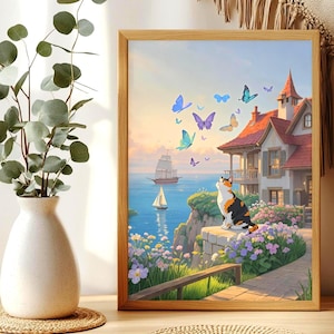 Lámina artística de gato y mariposas: póster de un acantilado sereno con gato calicó, arte felino de inspiración fantástica, regalo adorable de gato, lámina decorativa para pared