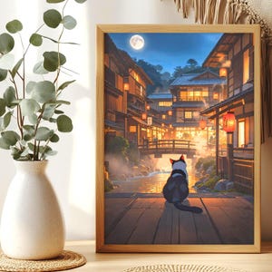 Black and white cat poster, Japanese hot spring town print, cozy onsen gift idea, lantern light art, nostalgic wooden bridge cat wall poster