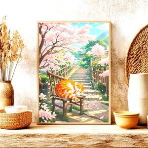 Lámina artística de gato en flor de cerezo: gato atigrado marrón durmiendo en un banco bajo los cerezos en flor. Póster relajante de gato japonés, regalo para amantes de los gatos.