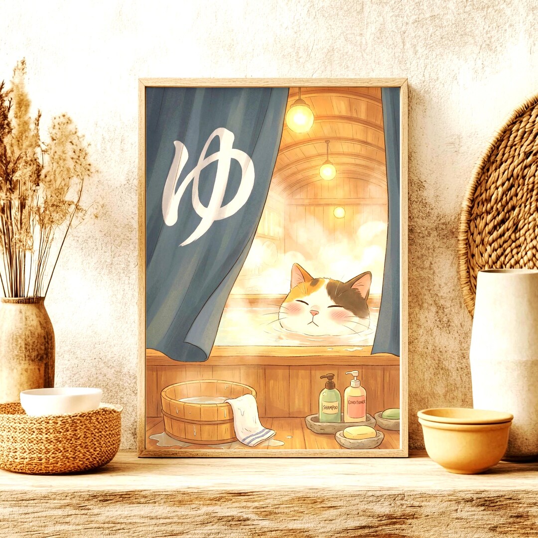 Japanese Sento Cat Poster, Calico Cat Onsen Scene, Japan Bathhouse Wall ...