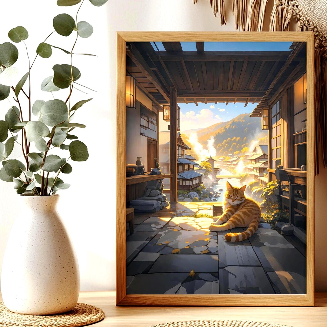 Brown Tabby Cat Poster, Japanese Onsen Art Print, Peaceful Hot Spring ...