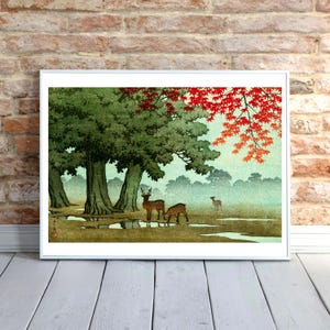 Obra de Kawase Hasui, Parque Nara con ciervos y hojas de otoño, impresión mural de paisaje japonés, arte ukiyo-e tradicional, póster de regalo sereno