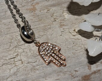 Hamsa Fatima Hand Pendant Necklace Minimalist Rose Gold Stainless Steel Boho