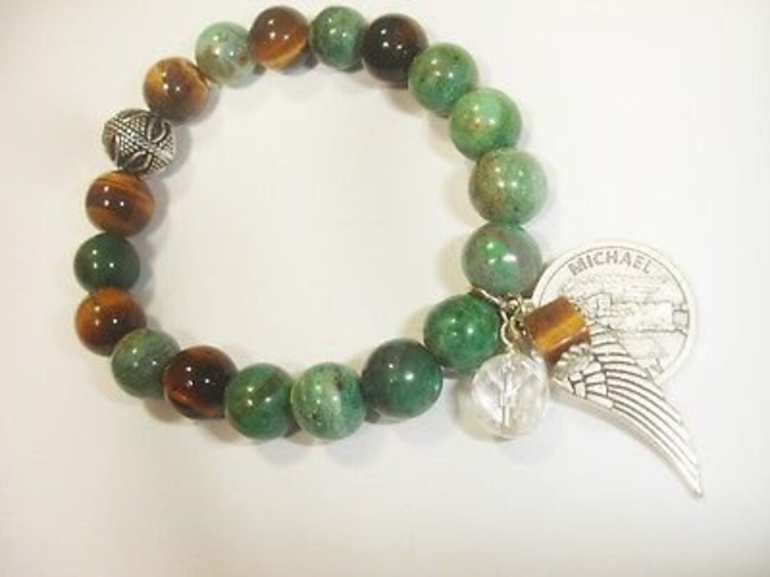 African Jade & Tiger Eye Bracelet Michael Angel Medal Crystal Healing