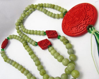 Jade & Red Cinnabar 108 Prayer Bead Mala Meditation Necklace Abundance 2016 M102