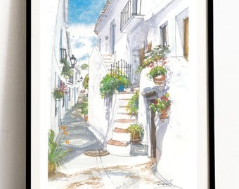 May include: A watercolor painting of a narrow, white-walled alleyway in a European village. The alleyway is lined with potted plants and flowers, and there are steps leading up to a building with a balcony. The sky is blue and sunny.