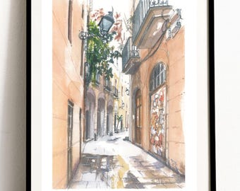 May include: Watercolor painting of a narrow street in a European city. The street is lined with buildings with terracotta-colored walls and arched doorways. A street lamp hangs over the street, and there is a small tree in the distance.