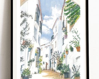 May include: Watercolor painting of a narrow, white-walled street in a European city. The street is lined with potted plants and flowers, and the buildings have arched doorways. The sky is blue with white clouds.