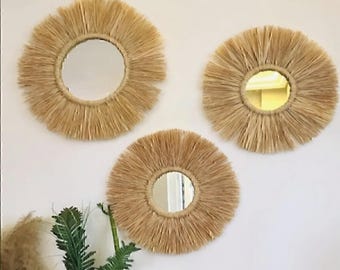 Set of 3 Boho Raffia Sunburst Mirrors – Handmade Coastal Wall Decor