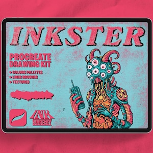 Op de afbeelding: Een digitale illustratie van een monster met meerdere ogen dat een telefoon vasthoudt. De illustratie bevindt zich op een tabletscherm met de tekst "INKSTER PROCREATE DRAWING KIT" en een lijst met functies: "COLORS PALETTES", "LINER BRUSHES", "TEXTURES". De tekst "INK SURGERY" is ook zichtbaar op het scherm.
