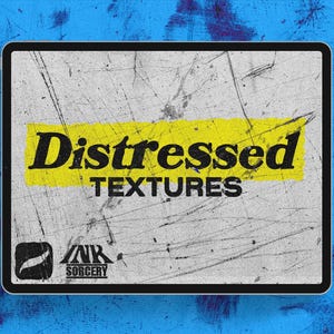May include: A digital illustration of a distressed white background with a yellow banner that reads "Distressed Textures" in black text. The logo "INK SORCERY" is in the bottom left corner.