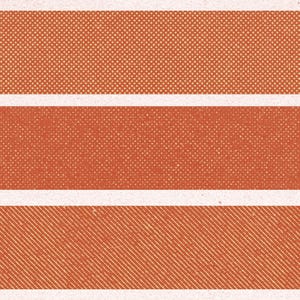 Puede incluir: Tres etiquetas rectangulares con esquinas redondeadas, todas en color naranja terracota. La etiqueta superior presenta un patr&oacute;n de puntos blancos finos, la del medio tiene un acabado texturizado s&oacute;lido y la inferior muestra un patr&oacute;n de l&iacute;neas blancas diagonales.
