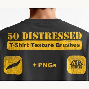 May include: A black t-shirt featuring yellow distressed text that reads 50 DISTRESSED T-Shirt Texture Brushes. Below the text, a yellow square icon displays a brush stroke, the text + PNGs, and a second yellow square with the INK SORCERY logo.