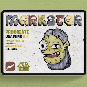 Op de afbeelding: Een digitale illustratie van een groen monster met één groot oog en een tandenrij. De illustratie is op een witte achtergrond met de tekst "MARKSTER PROCREATE DRAWING KIT" en "INK SORCERY" in zwart. De tekst somt de inhoud van de kit op: "COLORS PALLETES, BRUSHES, DRAWING GUIDE, TEXTURES".