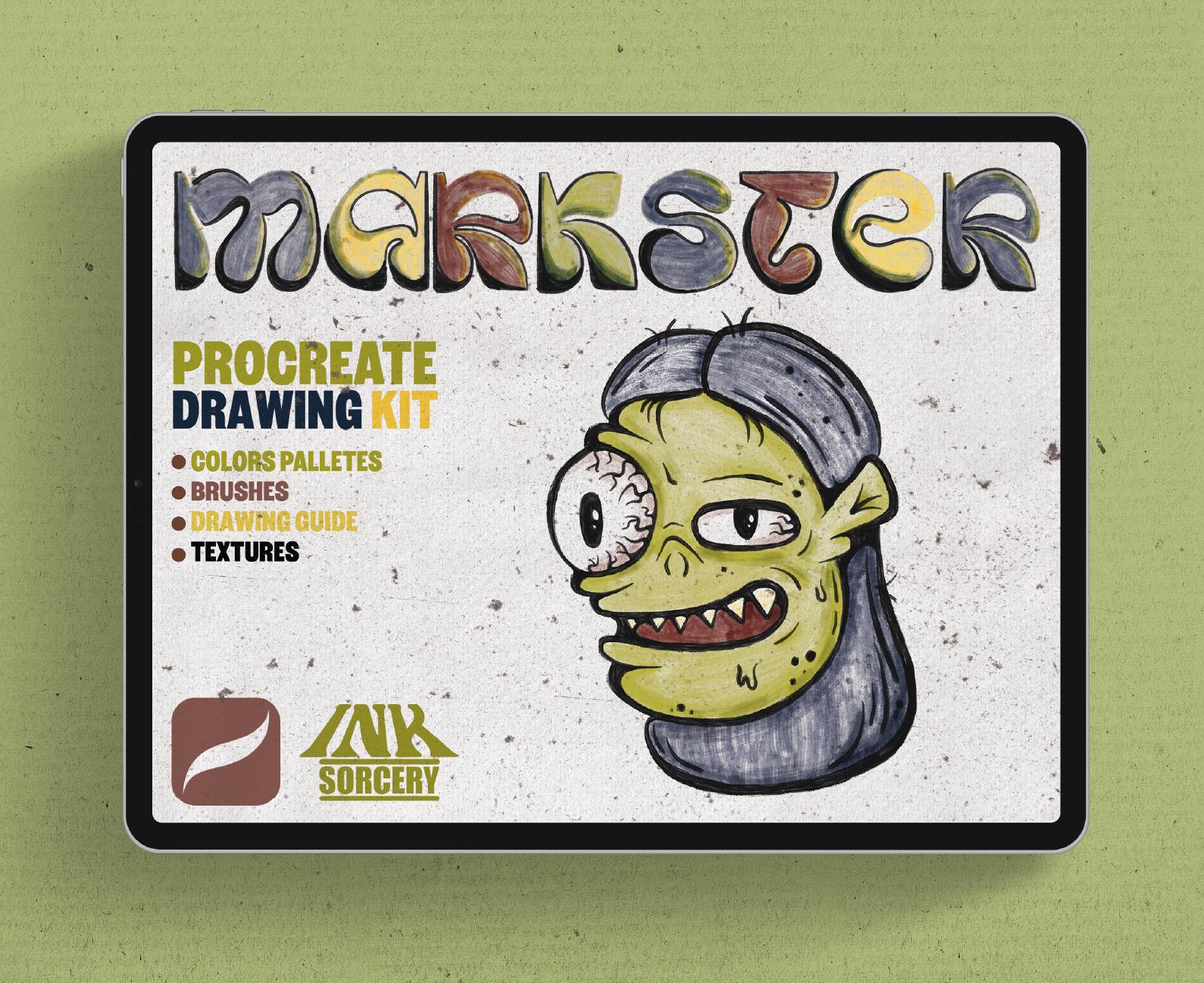 Markster Procreate Drawing Kit – Realistic Marker Texture Brushes, Paper Textures, Palettes & Guide