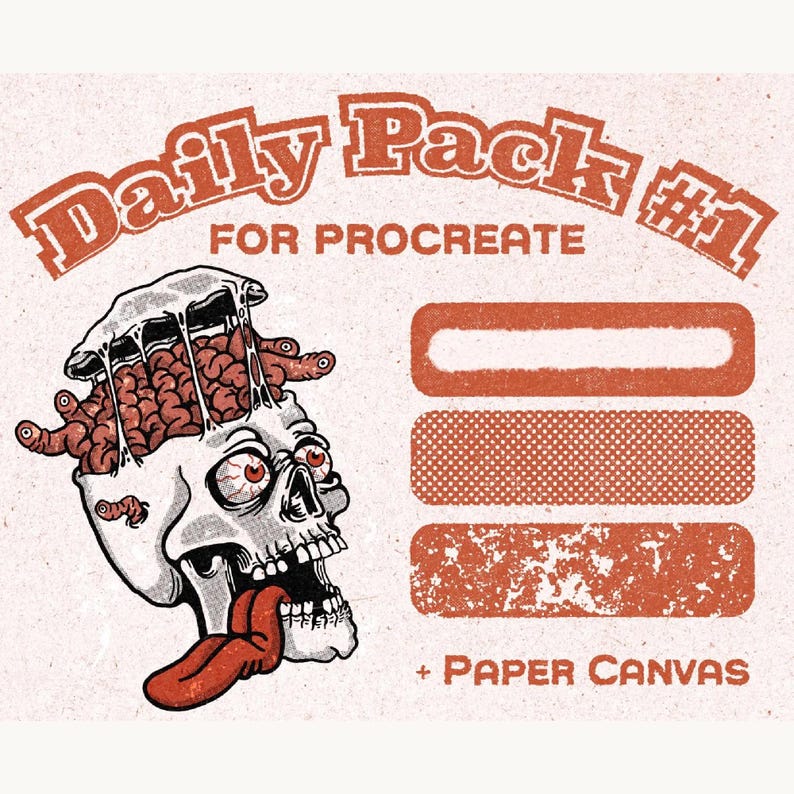 Puede incluir: Un gr&aacute;fico digital con el texto Daily Pack #1 FOR PROCREATE y + PAPER CANVAS. La ilustraci&oacute;n muestra un cr&aacute;neo blanco con ojos rojos, una lengua larga roja y cerebro expuesto con gusanos, junto a tres muestras rectangulares de color naranja.