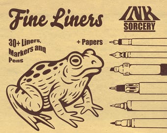May include: A tan-colored product label featuring a dark brown illustration of a frog. The text reads Fine Liners, Ink Sorcery, and 30+ Liners, Markers and Pens + Papers. To the right, six different pen and marker tips are displayed in a vertical row.